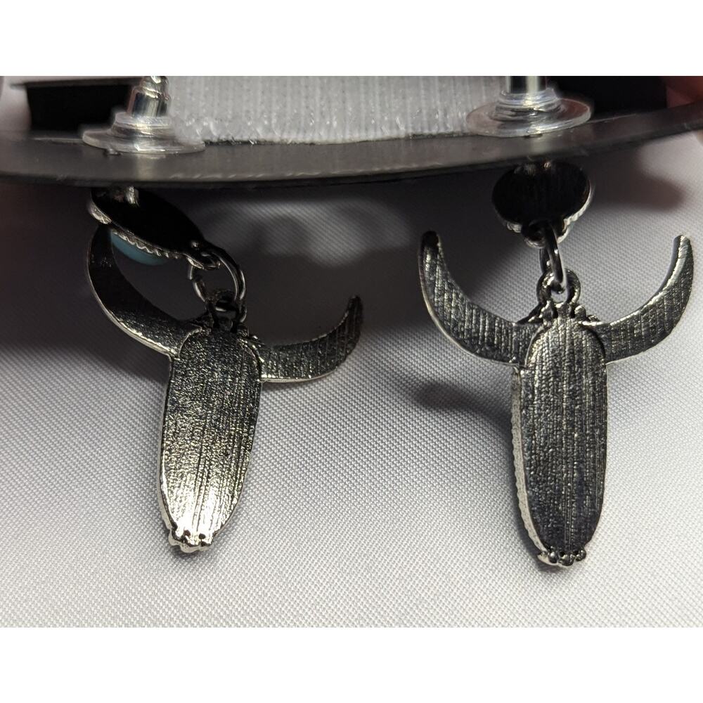 Turquoise Western Bull Head Earrings Silver Tone Cow Skull Dangle Statement Boho - Picture 3 of 8